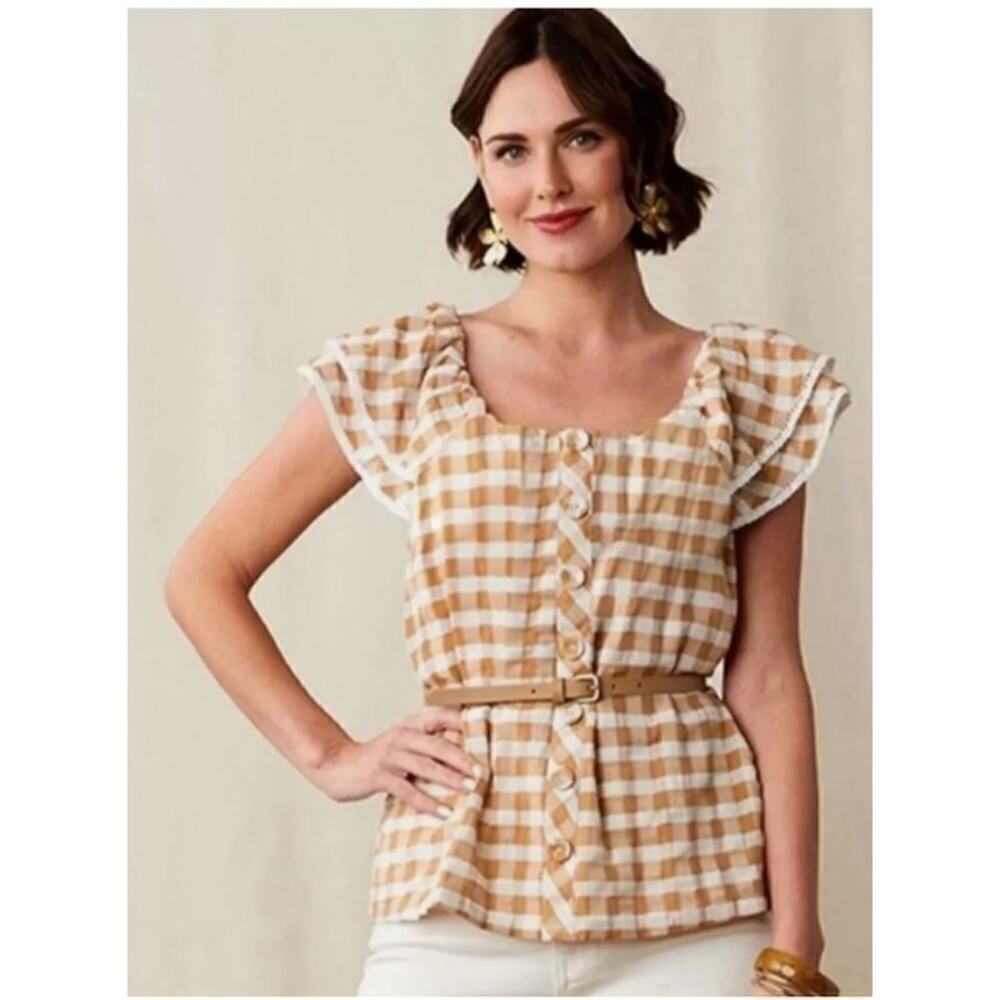 Matilda Jane Womens Peasant Top Size XS Plaid Tan Gingham Fall Preppy Blouse